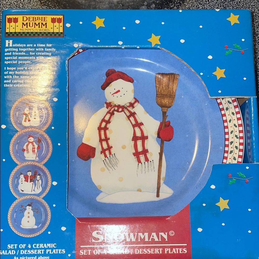 Debbie Mumm Snowman Ceramic Dessert Plates - Blue and Red